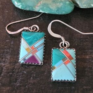 Zuni Multi Stone Inlay Sterling Silver Earrings